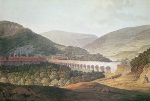 Uitzicht op een stenen brug over de vallei en rivier bij Risca in Monmouthshire